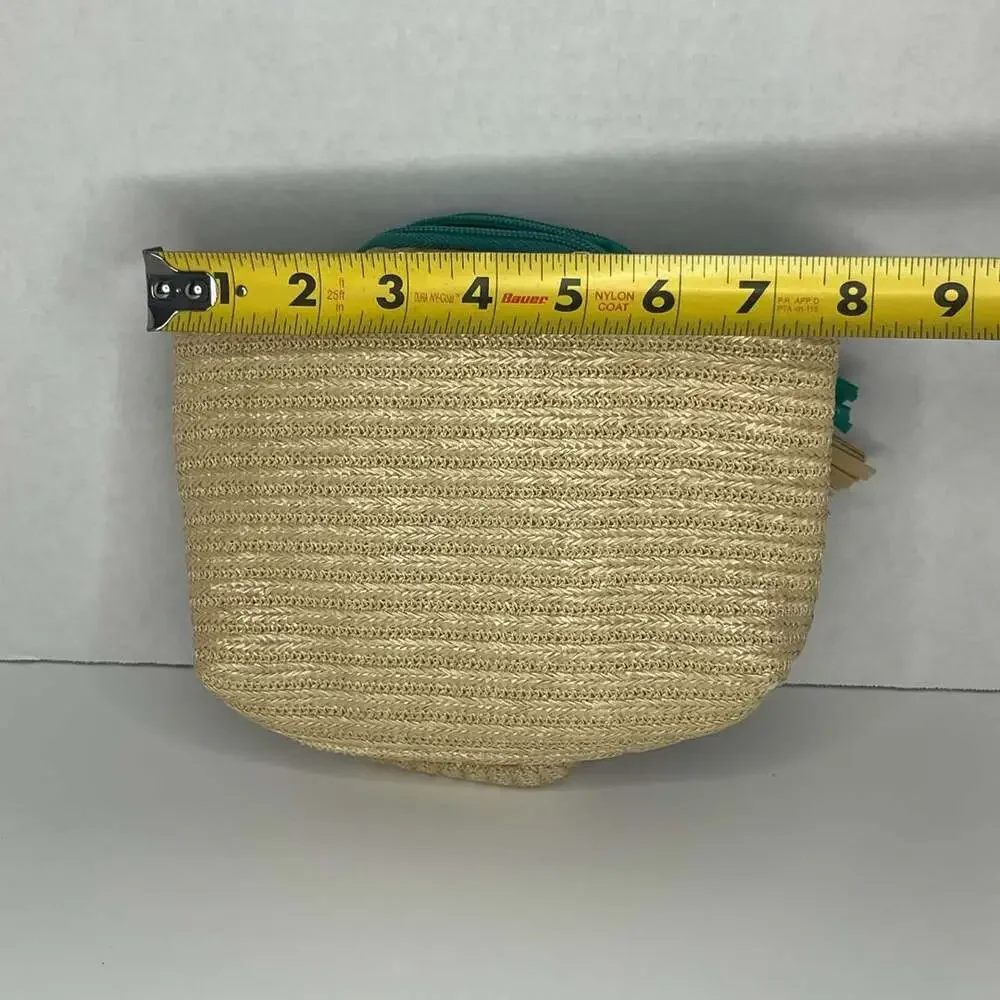 Woven Straw Cosmetic Travel Pouch with Teal Zipper and Tassel Detail